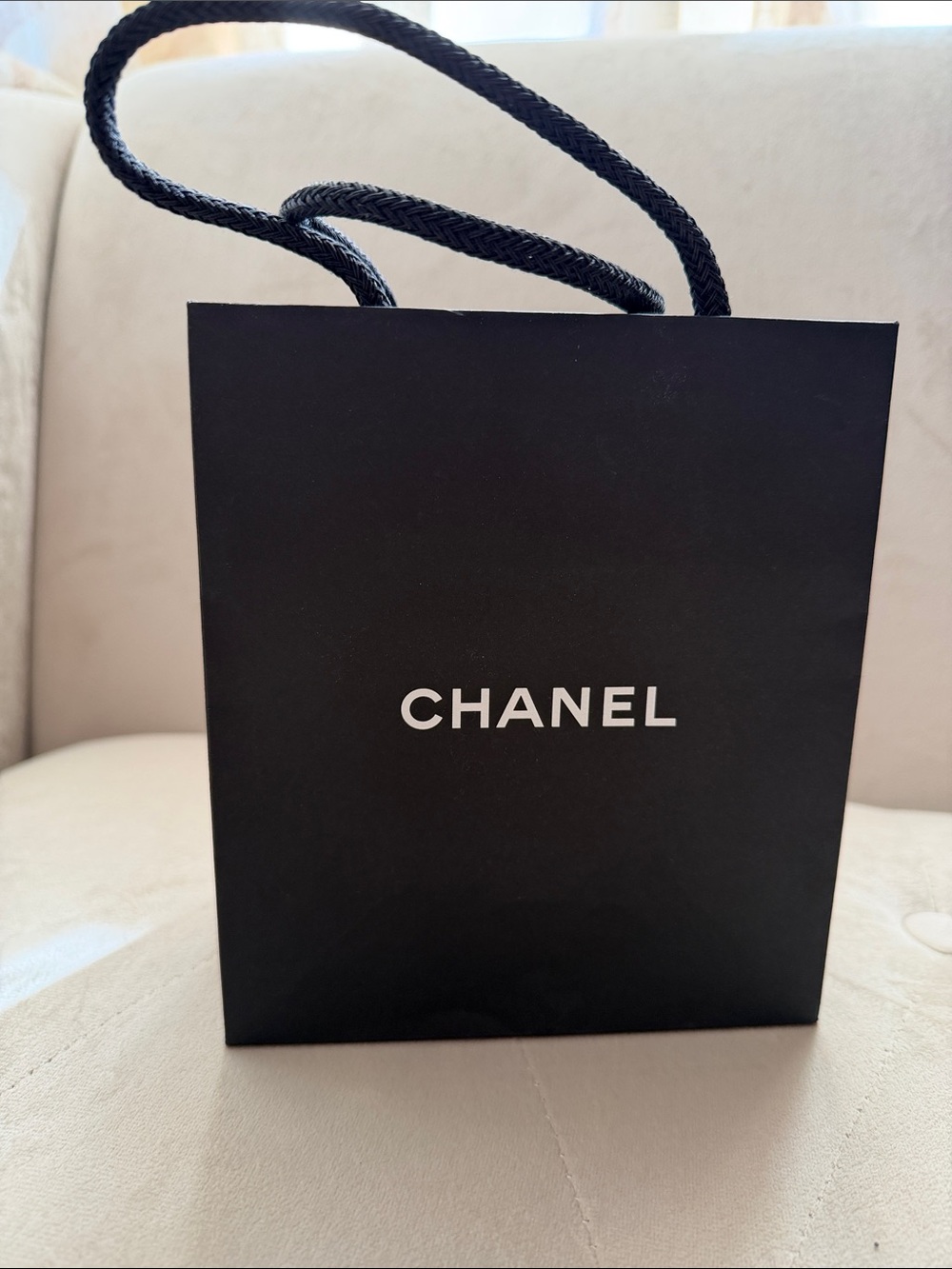 CHANEL small Black Paper Gift Bag with White Logo and woven rope  handles